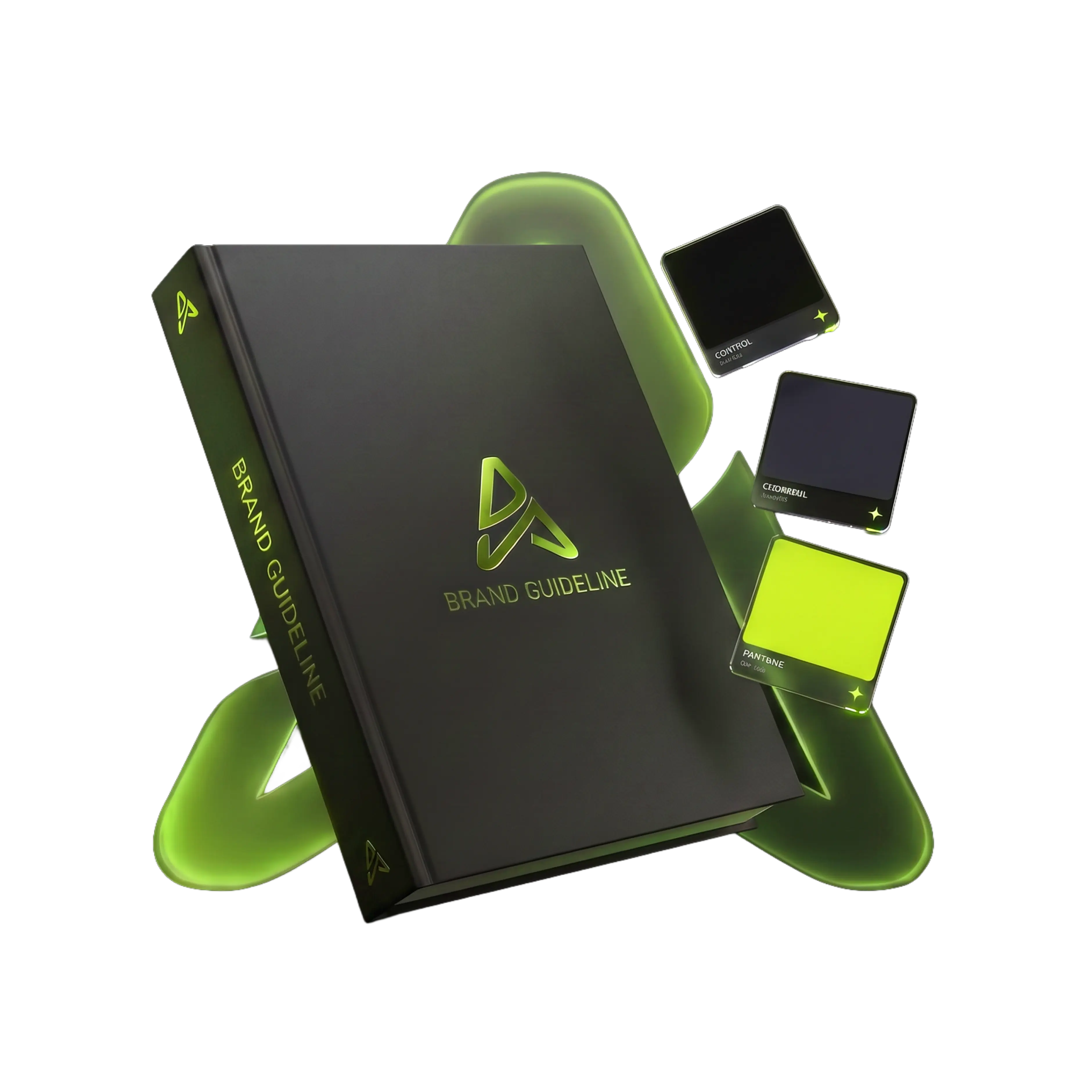 Brand setup visual with guideline book and neon green system cards